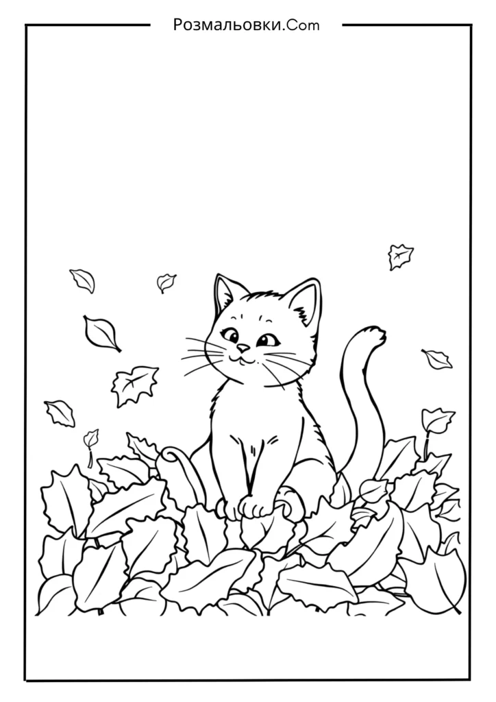 Розмальовка Котик: Найкращі Ідеї для Малювання та Розвитку Творчості 19 Котик і Листя