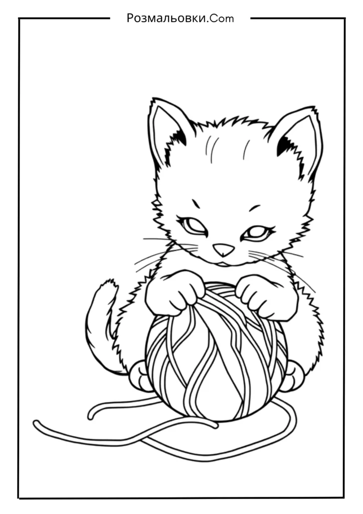 Розмальовка Котик: Найкращі Ідеї для Малювання та Розвитку Творчості 7 Котик і М’яч Вовни