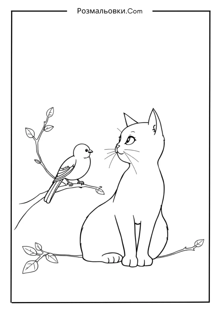Розмальовка Котик: Найкращі Ідеї для Малювання та Розвитку Творчості 13 Котик і Пташка