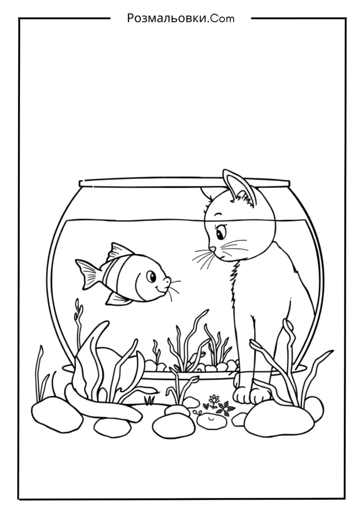 Розмальовка Котик: Найкращі Ідеї для Малювання та Розвитку Творчості 14 Котик і Рибка