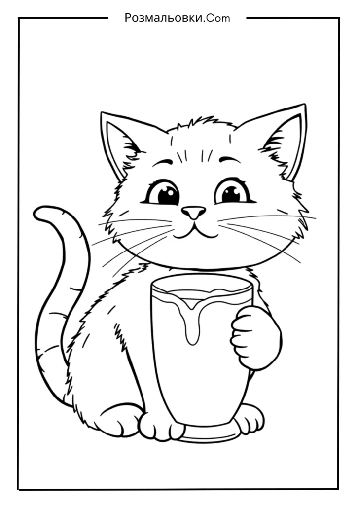Розмальовка Котик: Найкращі Ідеї для Малювання та Розвитку Творчості 20 Котик з Чашкою Молока
