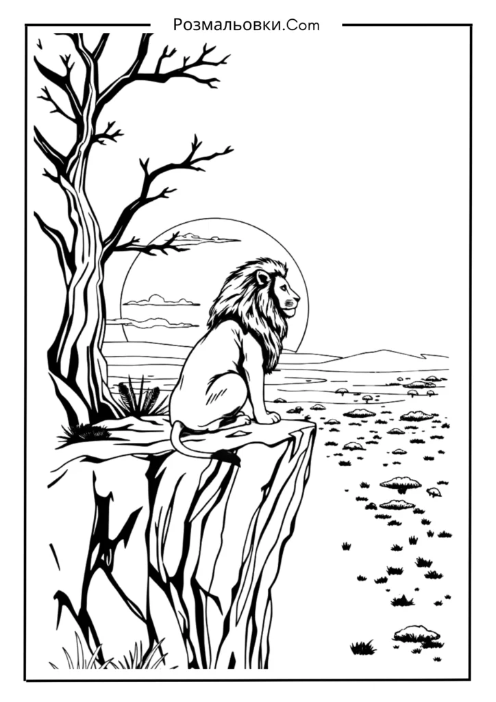 Лев на скелі, що панує над саваною