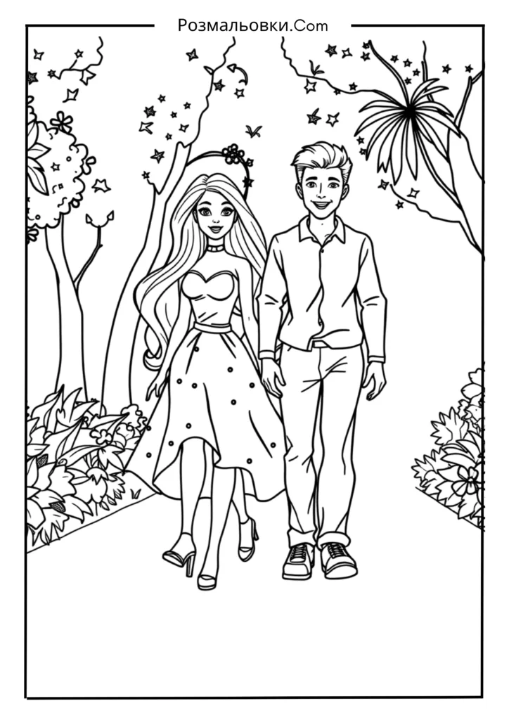19+ розмальовки барби для Дітей — Творчість і Натхнення 4 Барбі і Кен на прогулянці