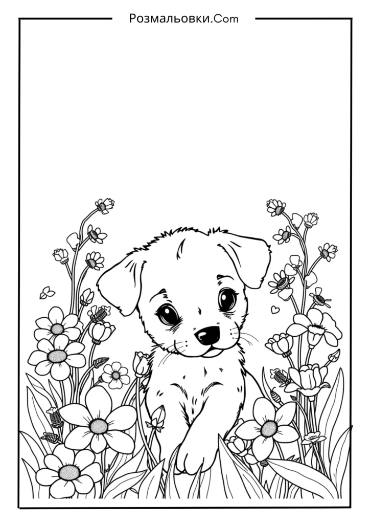 Розмальовка собака – 20 милих ідей, що підкорять серця дітей! 20 Цуценя серед квітів
