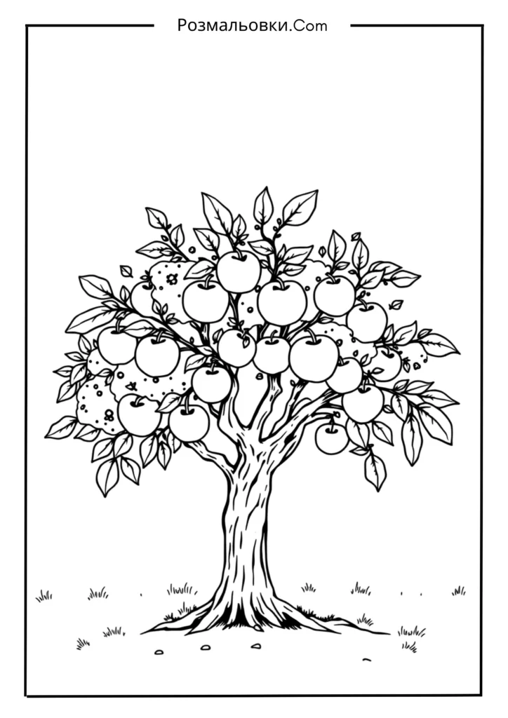Яблуко розмальовка: 20 креативних ідей для дітей 14 Контур яблуневих дерев для уяви