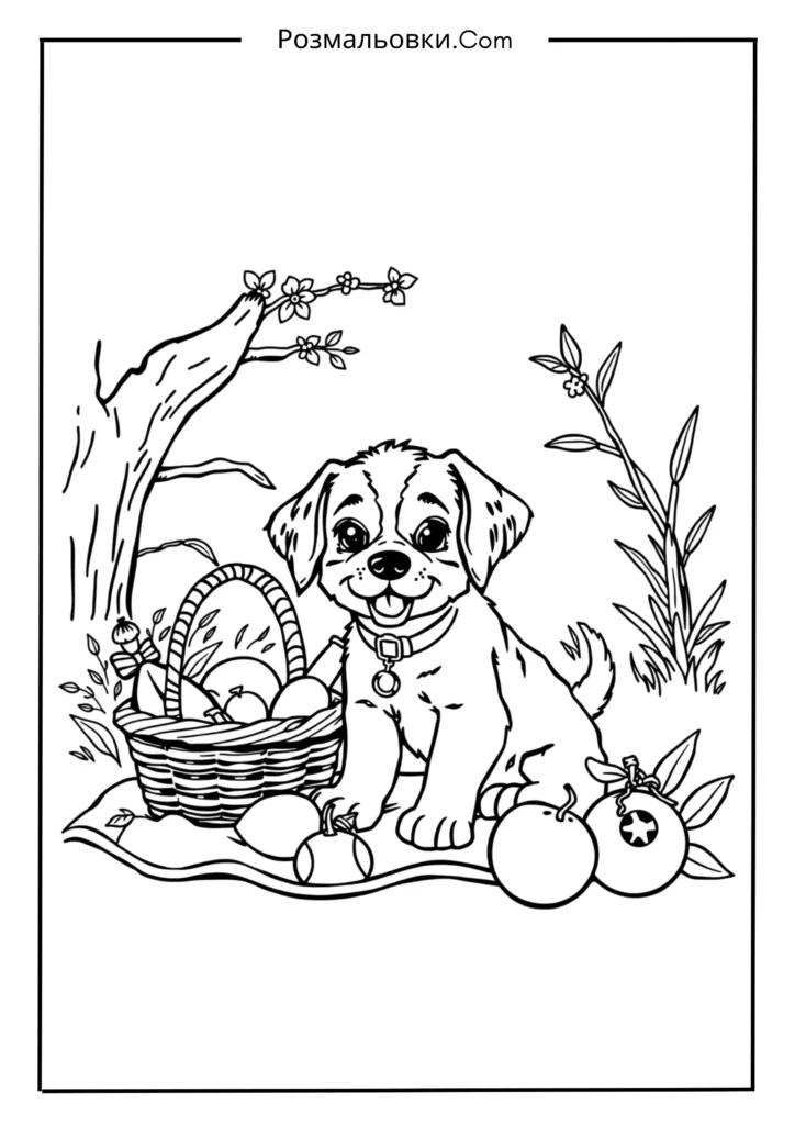 Розмальовка собака – 20 милих ідей, що підкорять серця дітей! 14 Щеня на пікніку