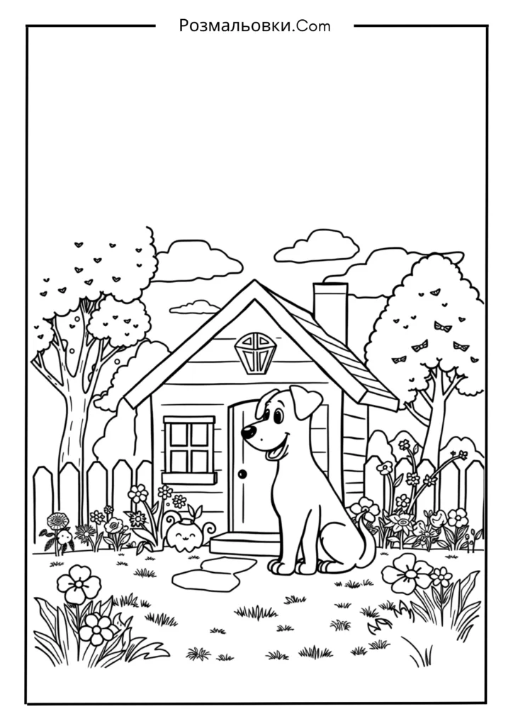 Розмальовка собака – 20 милих ідей, що підкорять серця дітей! 21 Собака біля будинку