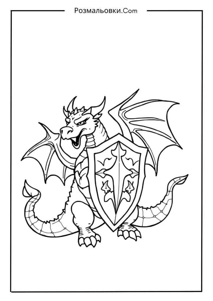 Розмальовка Дракон — 17+ Ідей для Малювання та Друку 18 Дракон зі щитом та мечем