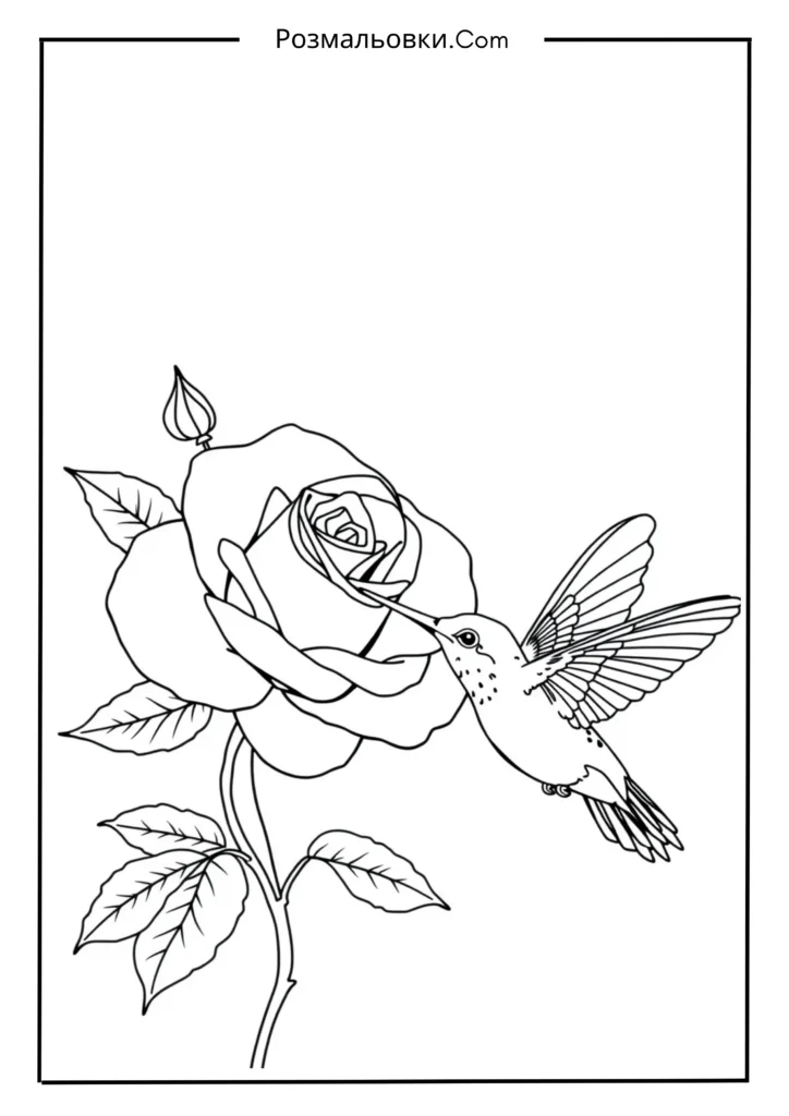 Розмальовка троянда: 21+ ідей для творчості та розвитку дітей 7 Троянда та колібрі