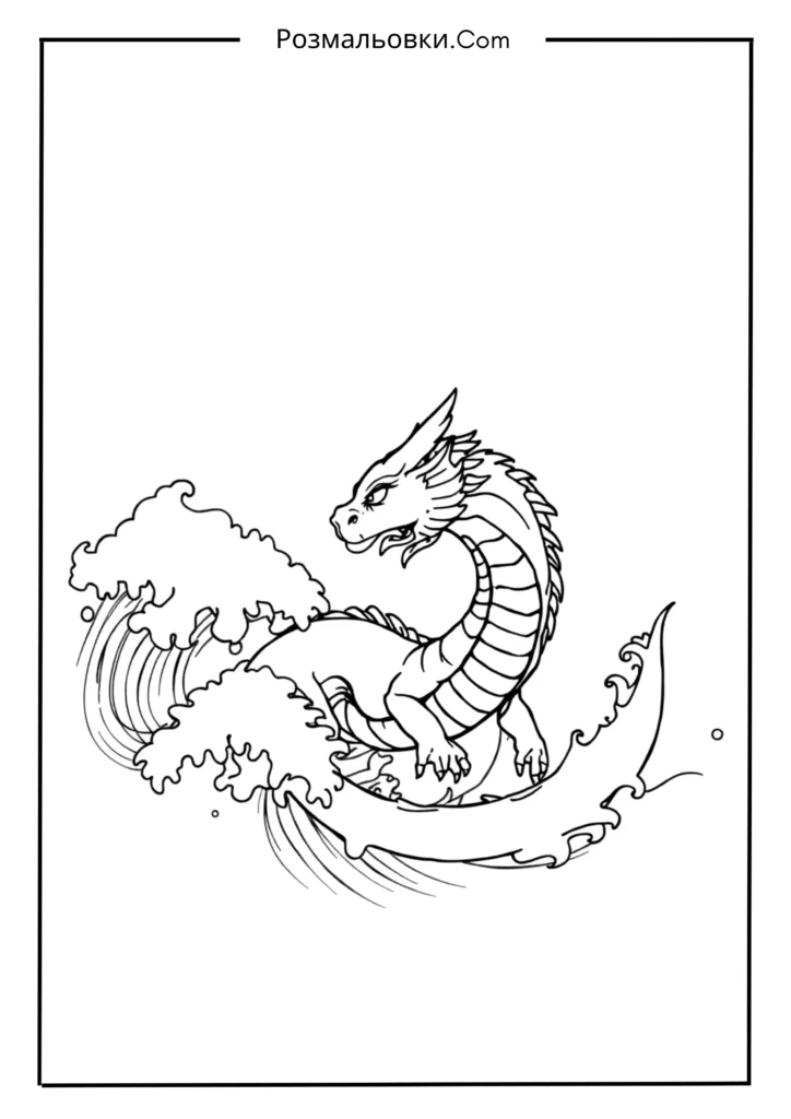 Розмальовка Дракон — 17+ Ідей для Малювання та Друку 5 Водяний дракон серед хвиль