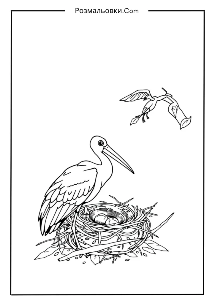 Розмальовки пташок: 9+ творчих ідей для дітей 4 Лелека біля гнізда