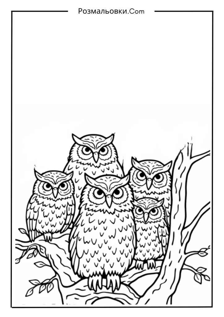 Розмальовка сова — чарівний світ мудрих птахів для дітей 16 Лісова родина сов