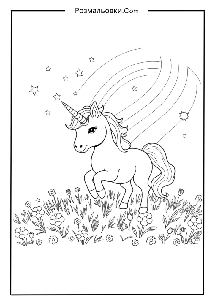 Розмальовка веселки - 20 яскравих кольорових ідей для дітей 14 Малюк єдиноріг під веселкою