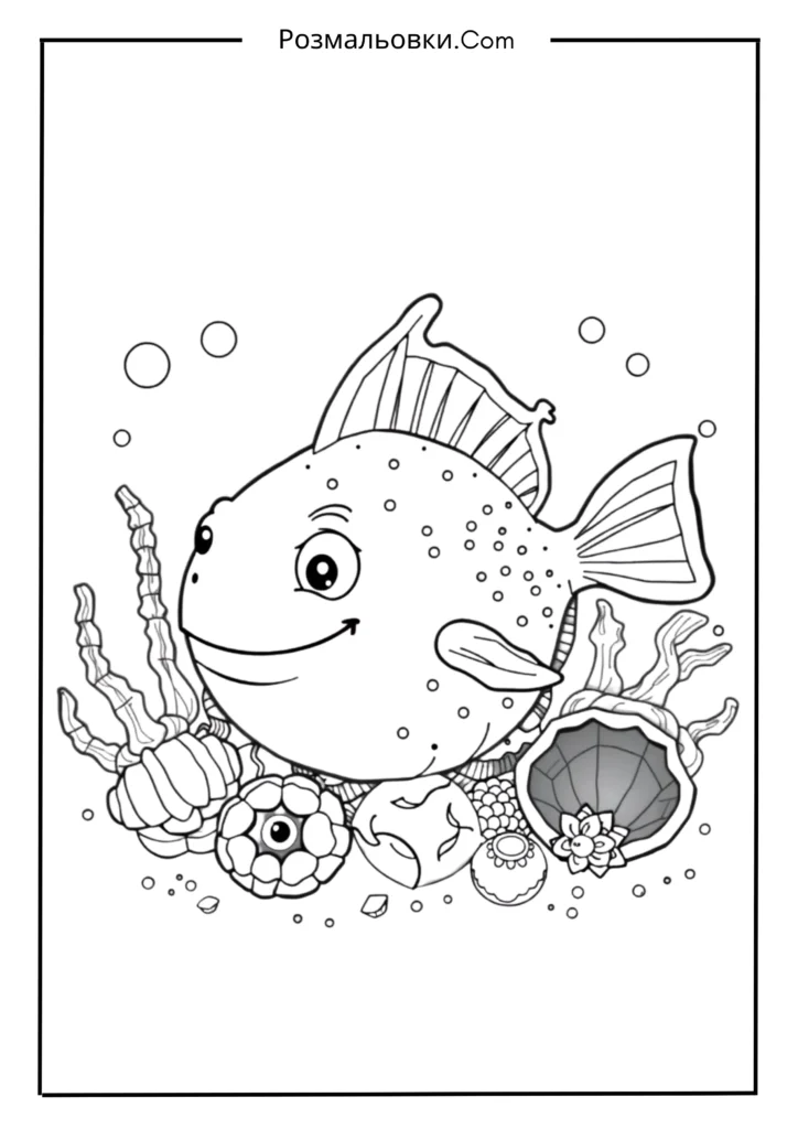 Розмальовка рибка: 20 найкращих ідей для маленьких художників 6 Риба-фугу та мушлі