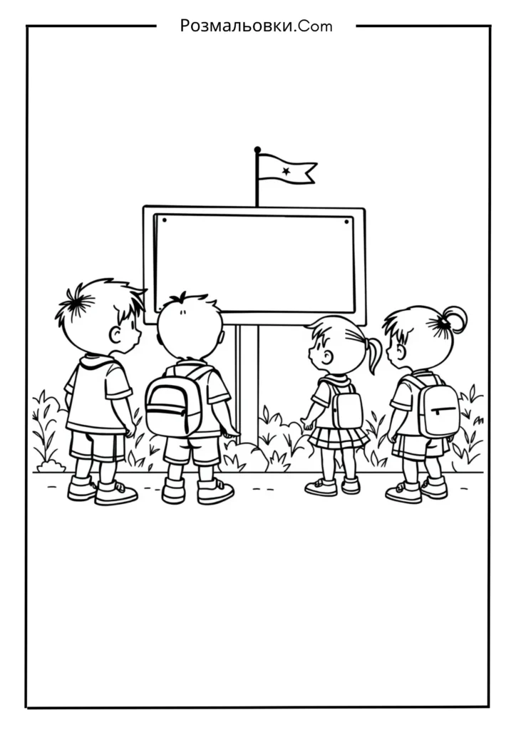 Школярі біля білборда з прапором