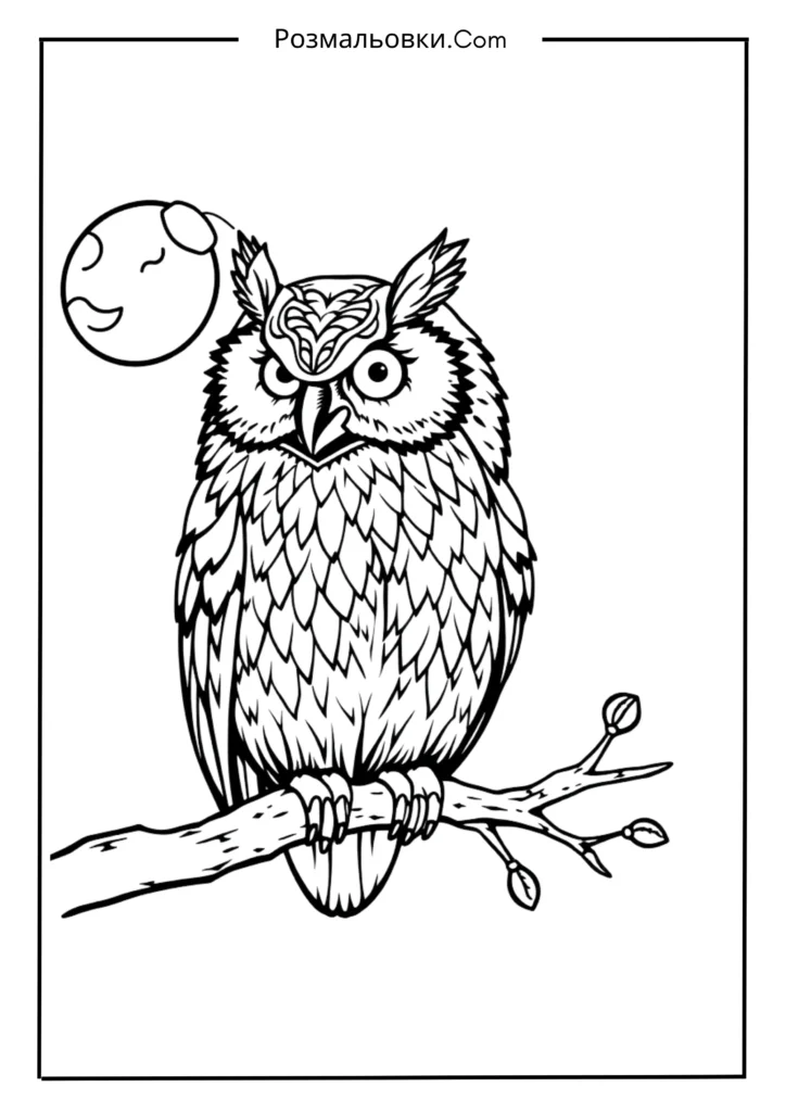 Розмальовка сова — чарівний світ мудрих птахів для дітей 3 Сова під місяцем