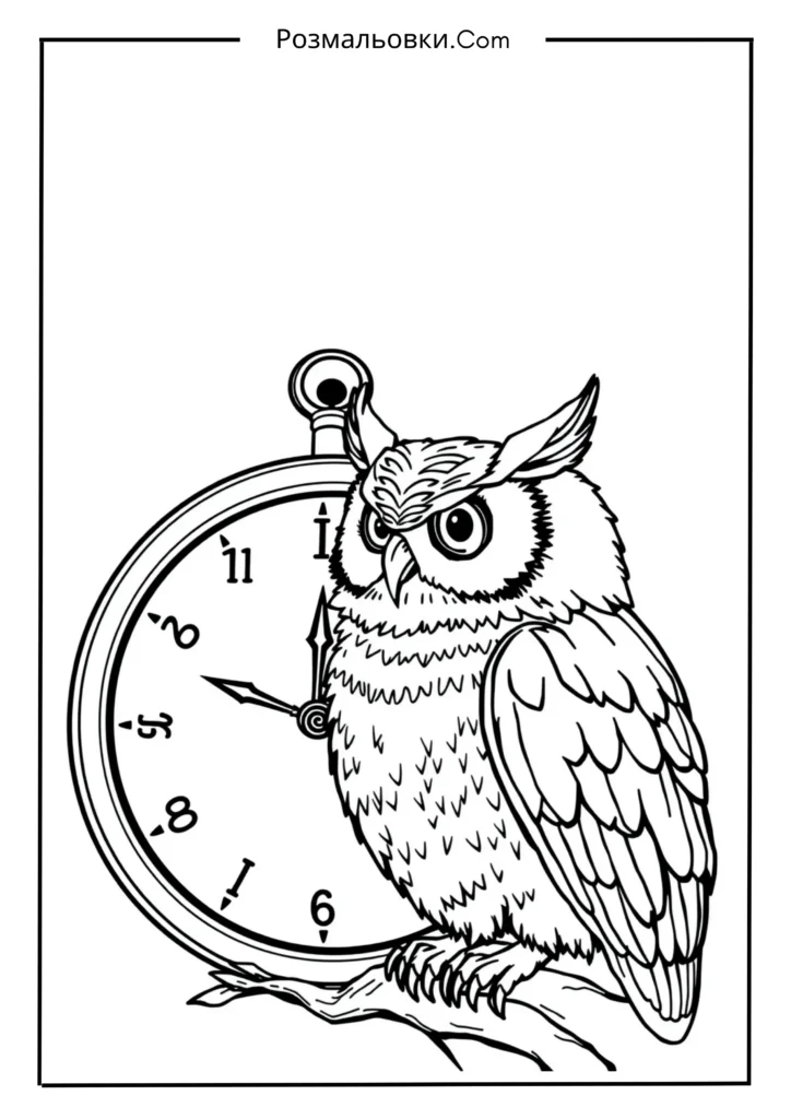 Розмальовка сова — чарівний світ мудрих птахів для дітей 9 Сова з годинником
