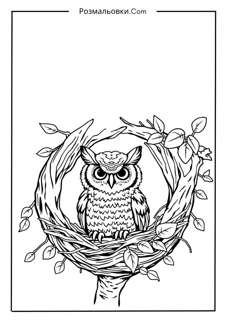 Розмальовка сова — чарівний світ мудрих птахів для дітей 12 Совеня у гнізді