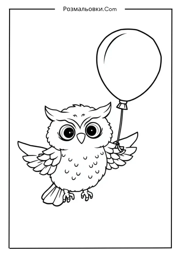 Розмальовка сова — чарівний світ мудрих птахів для дітей 17 Совеня з повітряною кулькою