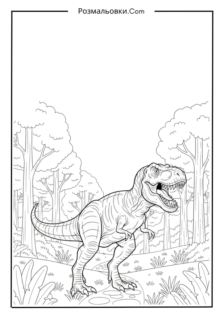 розмальовка динозавр - 17+ захопливих ідей про розмальовку динозаврів для дітей 2 Тиранозавр у доісторичному лісі