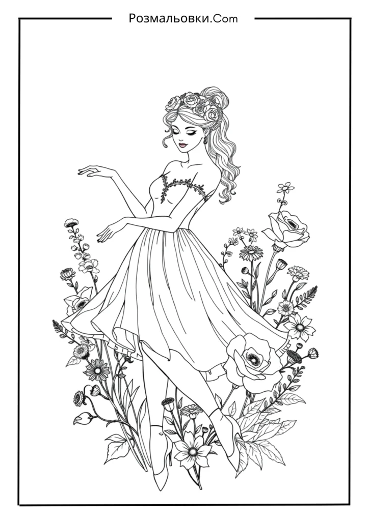 Розмальовка балерина – 12 чарівних ідей для маленьких мрійниць 4 Балерина з квітами