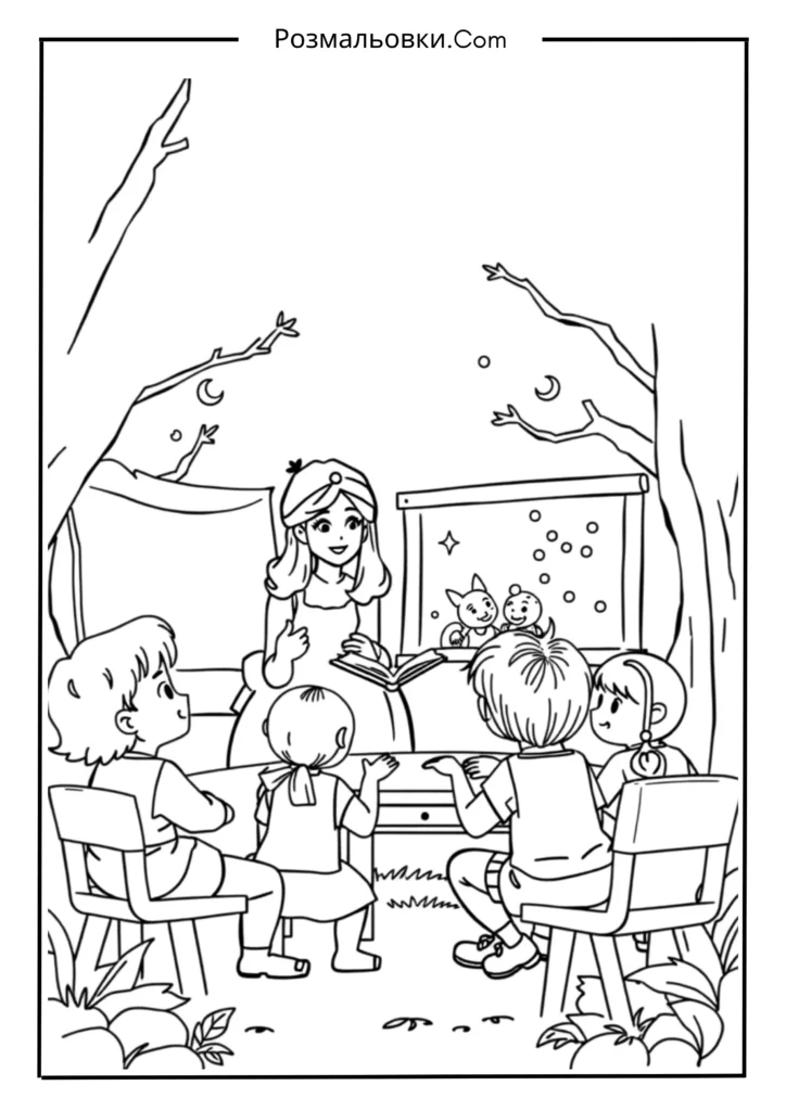 Розмальовки до Дня вчителя: 15+ творчих ідей для дітей 16 Вчитель читає казку