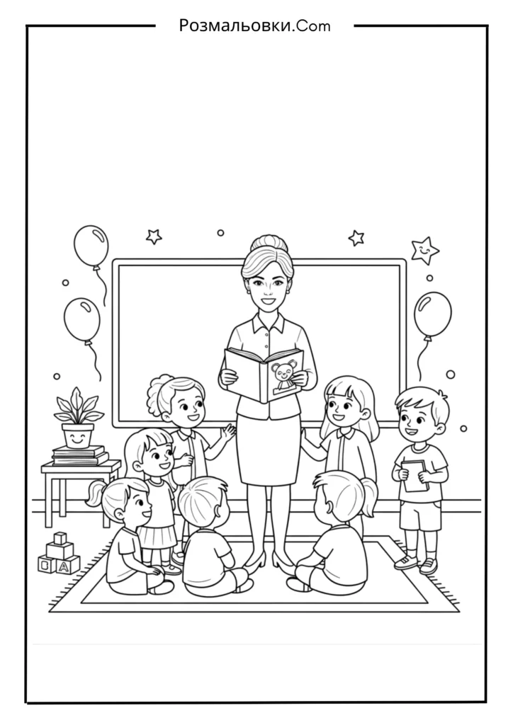 Розмальовки до Дня вчителя: 15+ творчих ідей для дітей 5 Вчителька з учнями