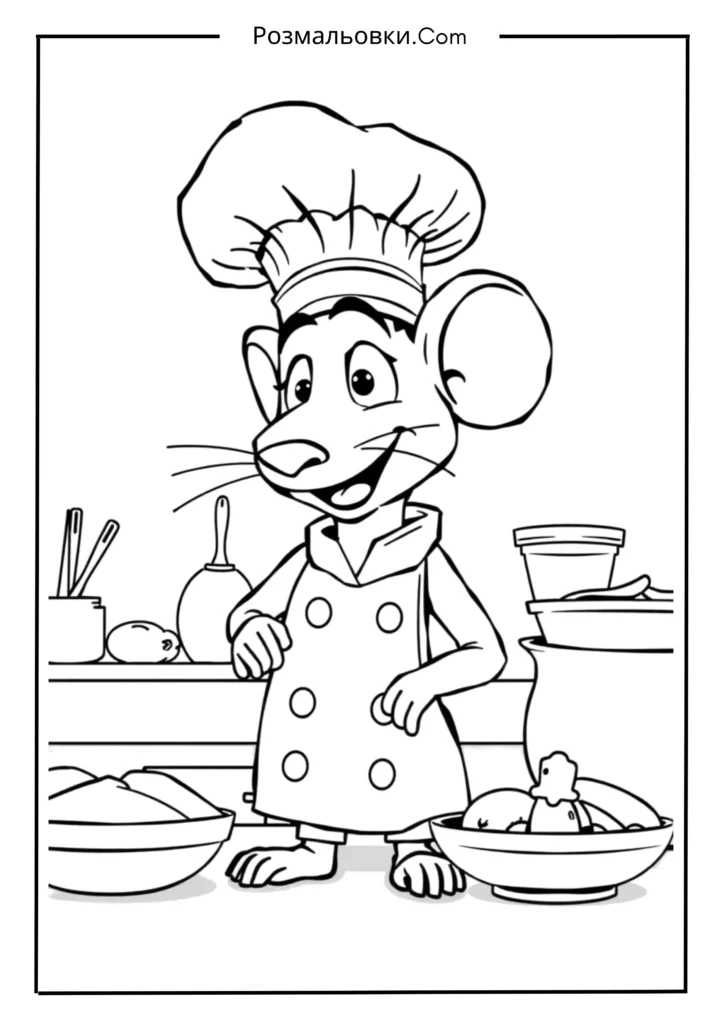 Розмальовка рататуй – 8 найкращих ідей для маленьких художників 2 Мишеня-кухар у ковпаку