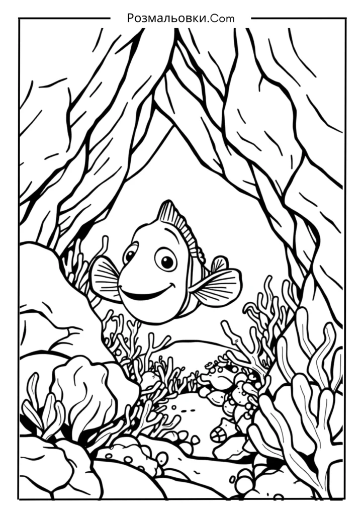 Розмальовка рибка Немо: 18 найкращих ідей для дітей 19 Немо в морській печері