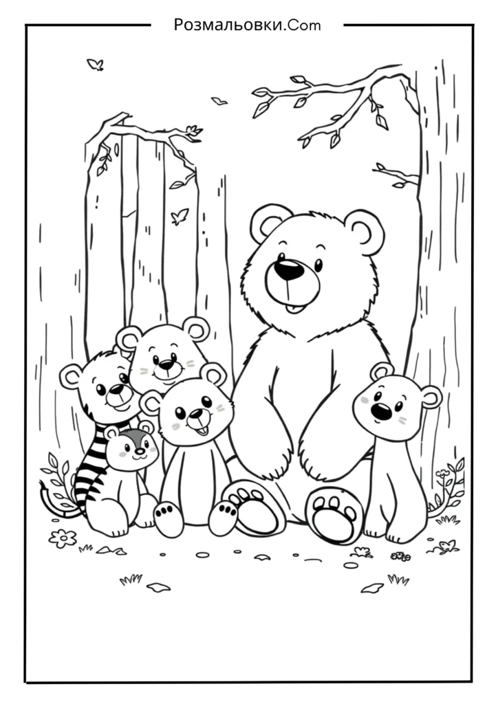 Розмальовка ведмедика: 20 найкращих ідей для дітей і дорослих 9 Ведмедик із друзями
